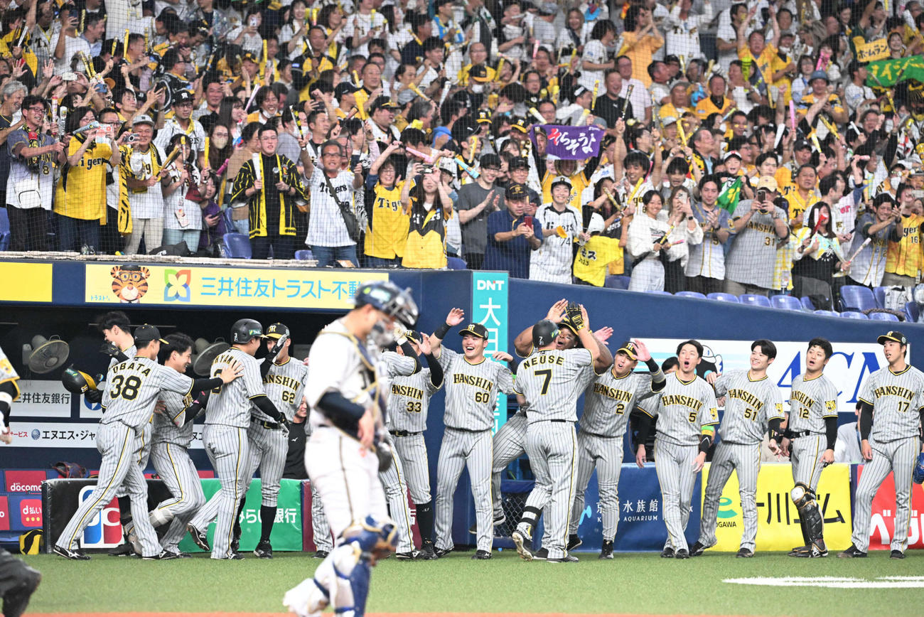 オリックス対阪神　4回表阪神1死一、二塁、先制の左越え3点本塁打を放ったノイジーを迎える阪神ナイン（撮影・和賀正仁）