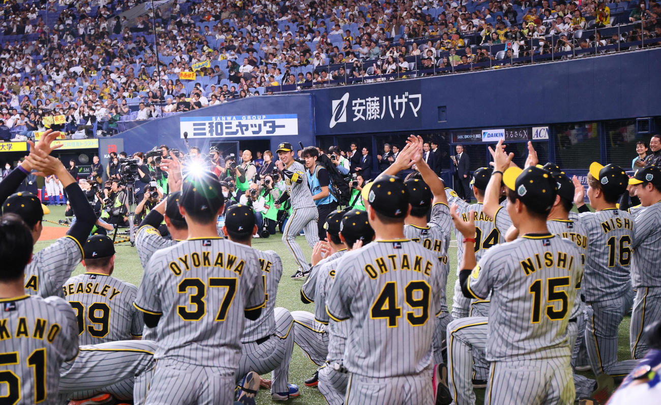 オリックス対阪神　日本シリーズMVPに選出された阪神近本（中央）はチームメートの祝福に笑顔（撮影・上山淳一）