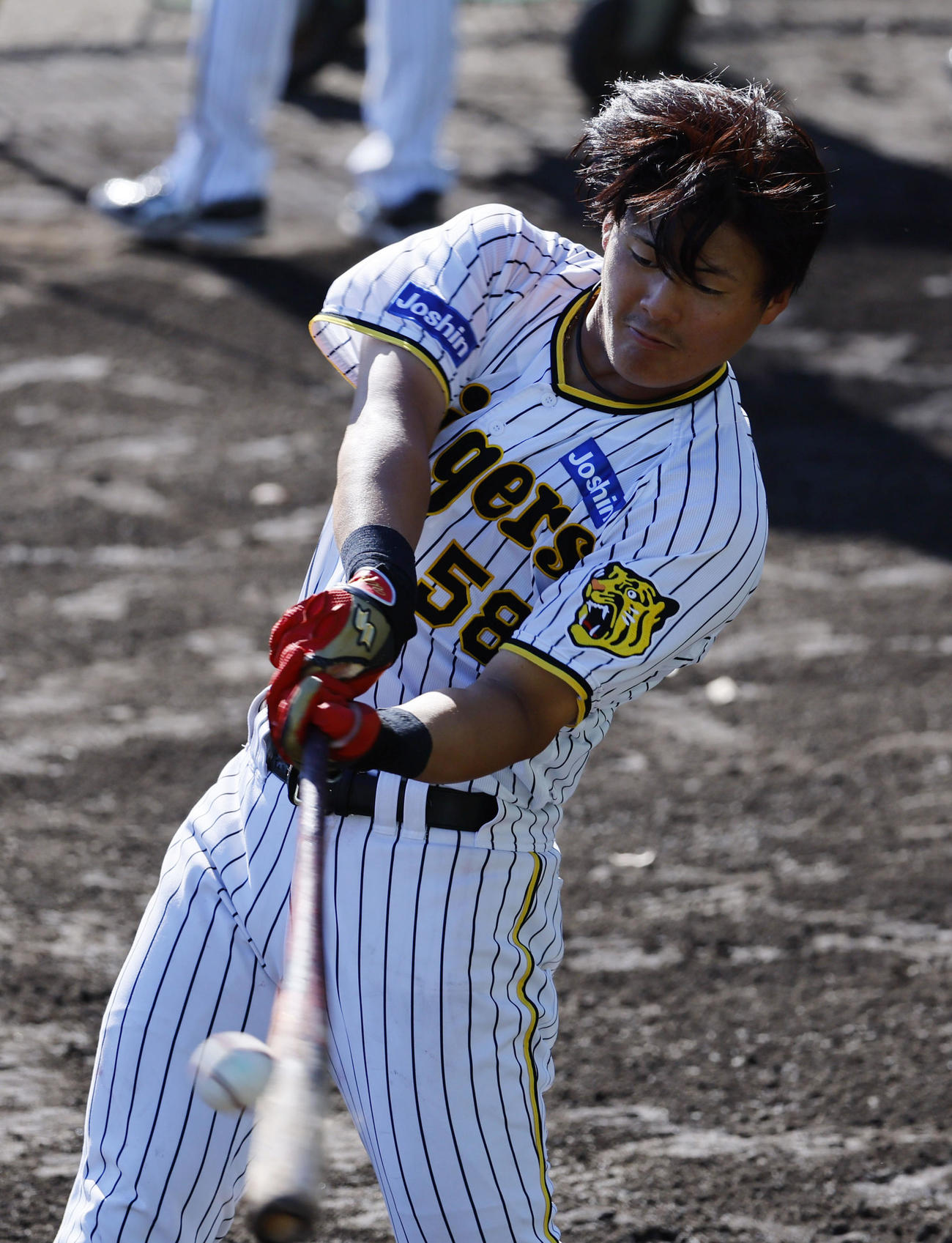 ロングティーを行う阪神前川（撮影・藤尾明華）