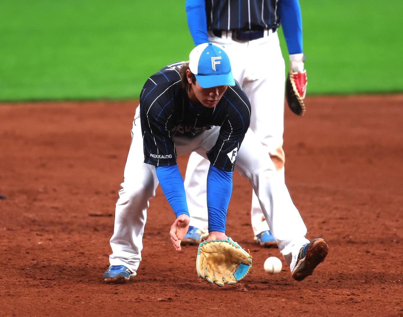練習用の小さなグラブでノックを受ける福田光（撮影・黒川智章）
