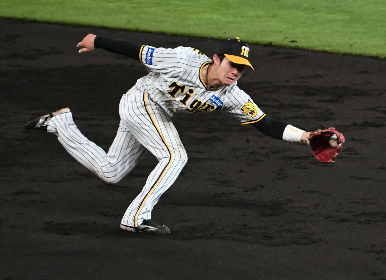 5月、ヤクルト戦で好守備を見せる阪神中野