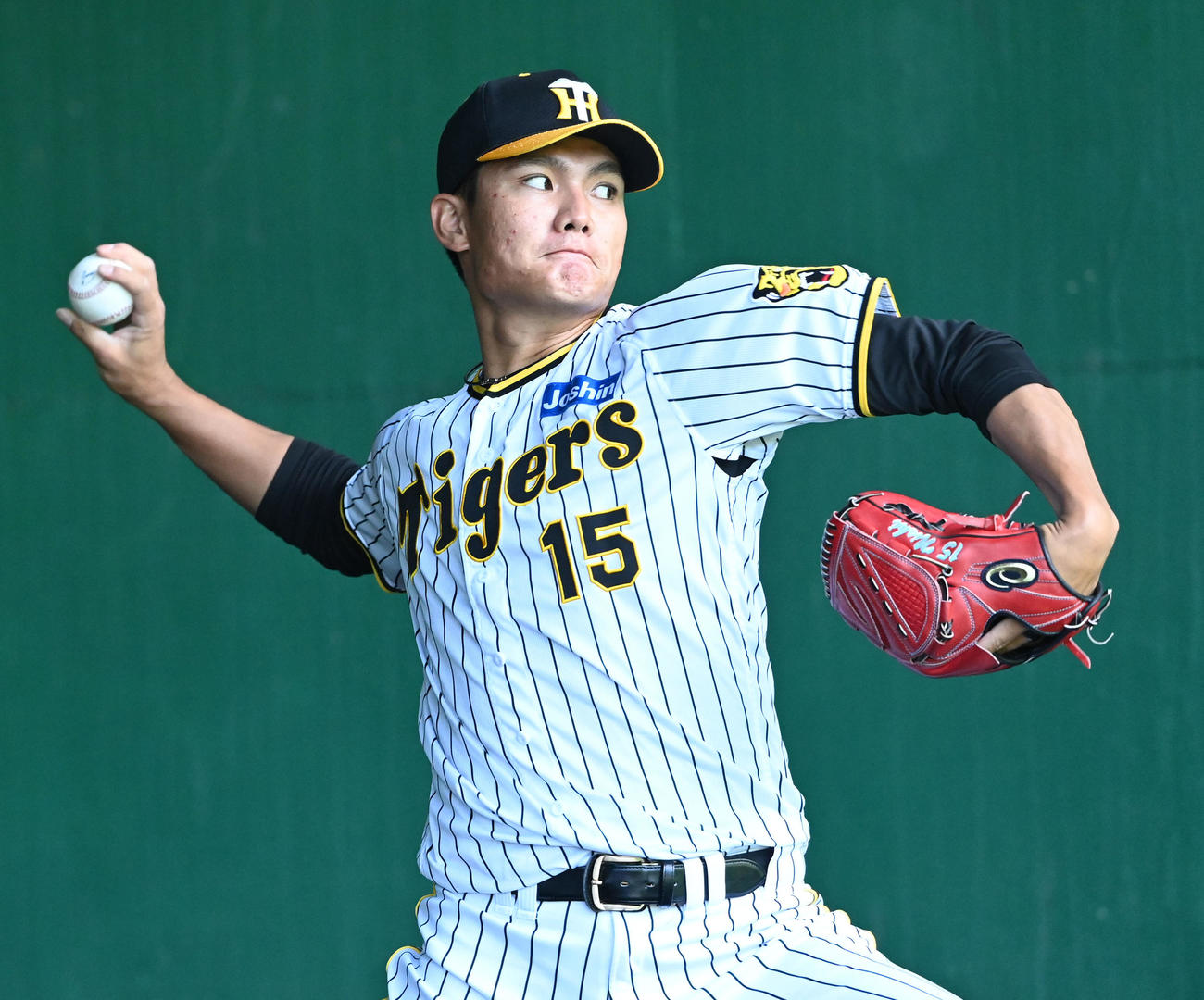 ブルペンで投球練習を行う西純（撮影・前岡正明）