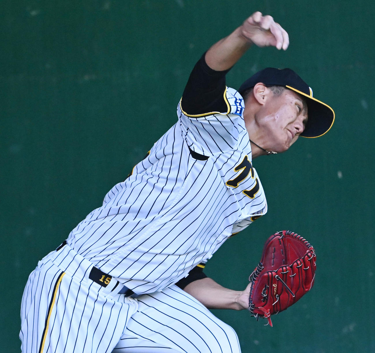 ブルペンで投球練習を行う西純（撮影・前岡正明）