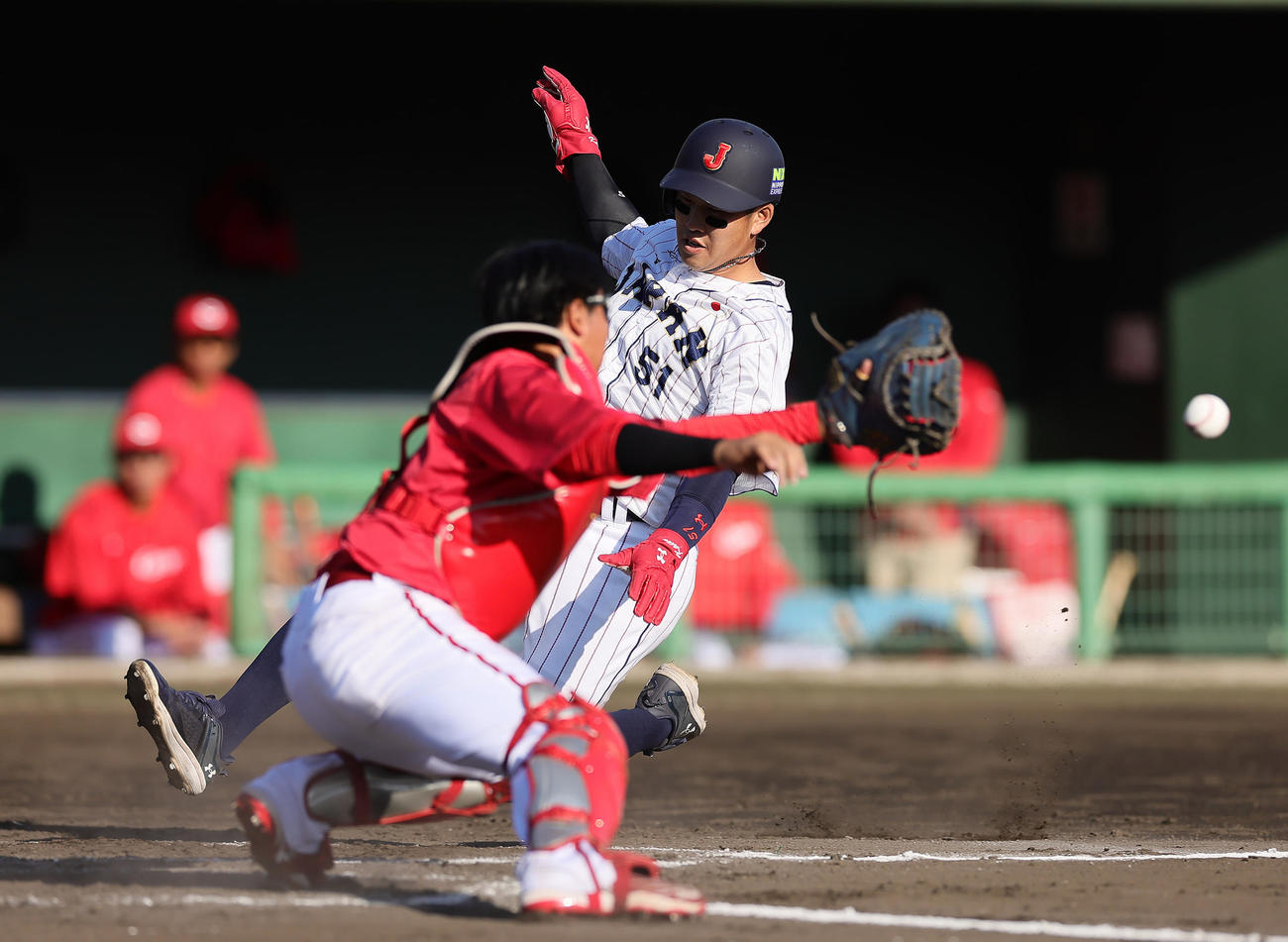侍ジャパン対広島　6回裏侍ジャパン2死二塁、万波の左前適時打で生還した小園（後方）（撮影・足立雅史）