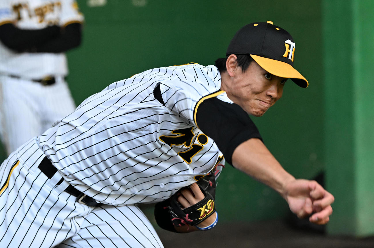 ブルペンで投球練習を行う湯浅（撮影・前岡正明）