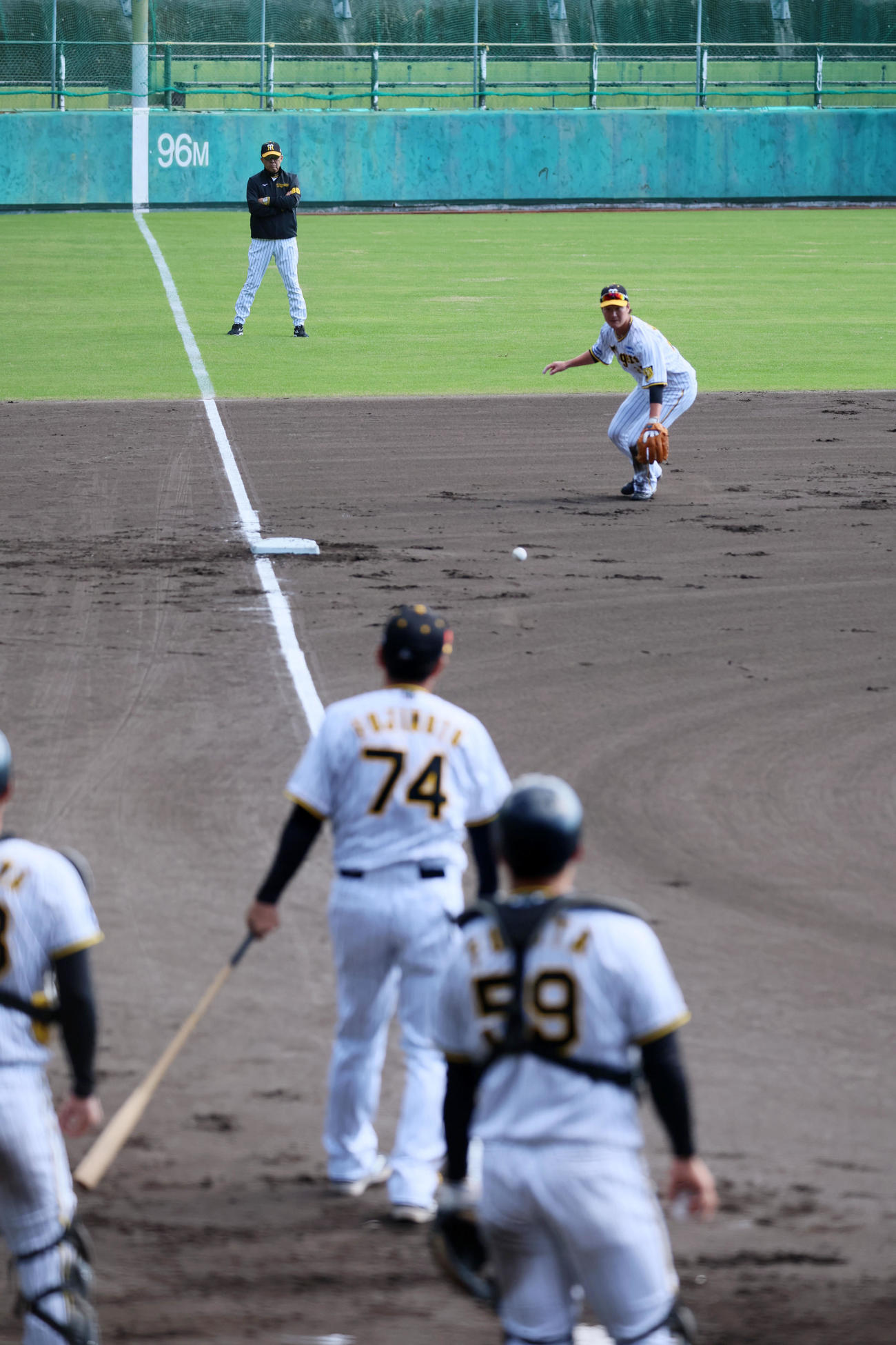 外野からシートノックを見る岡田監督（撮影・加藤哉）