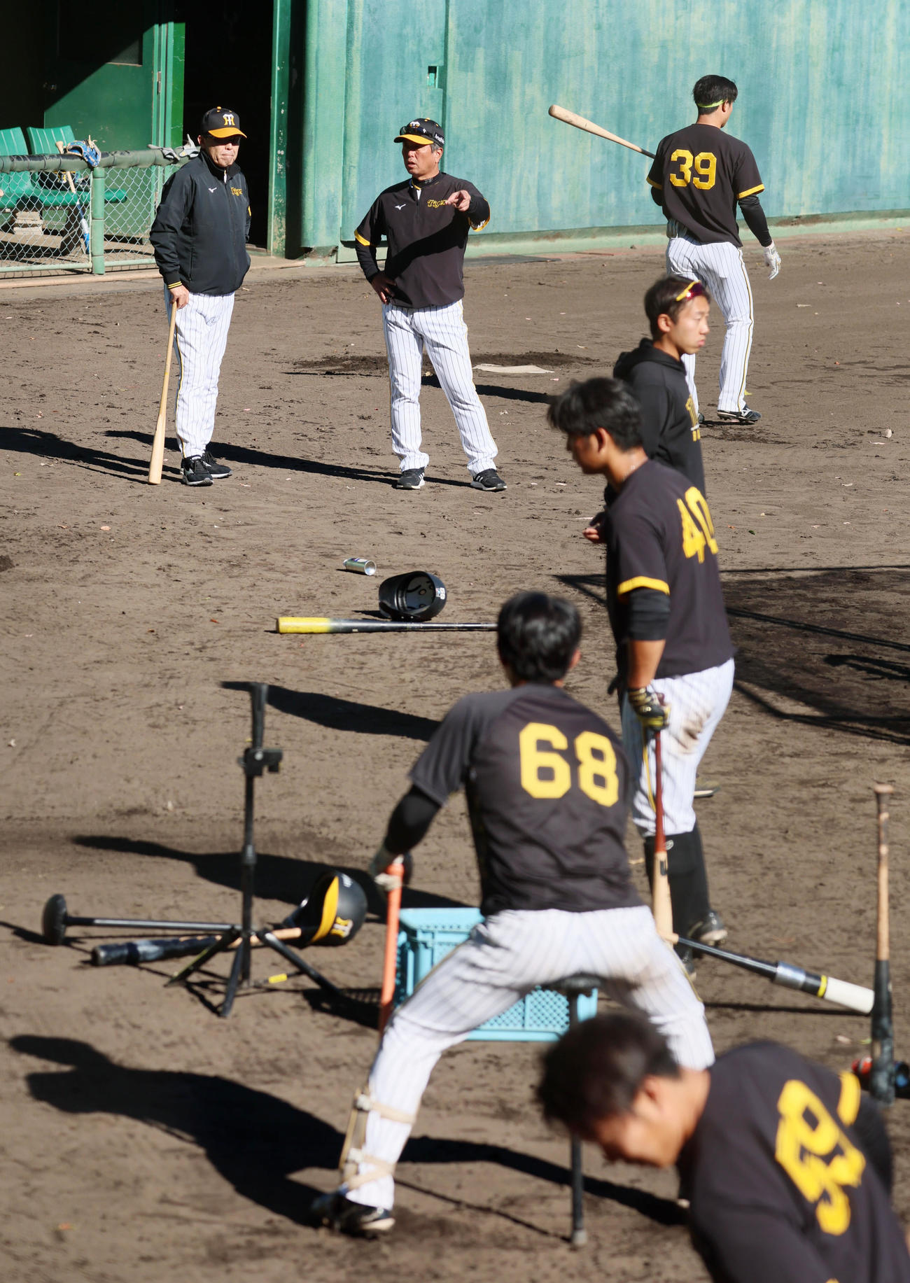 ナインのティー打撃を見る岡田監督（撮影・加藤哉）