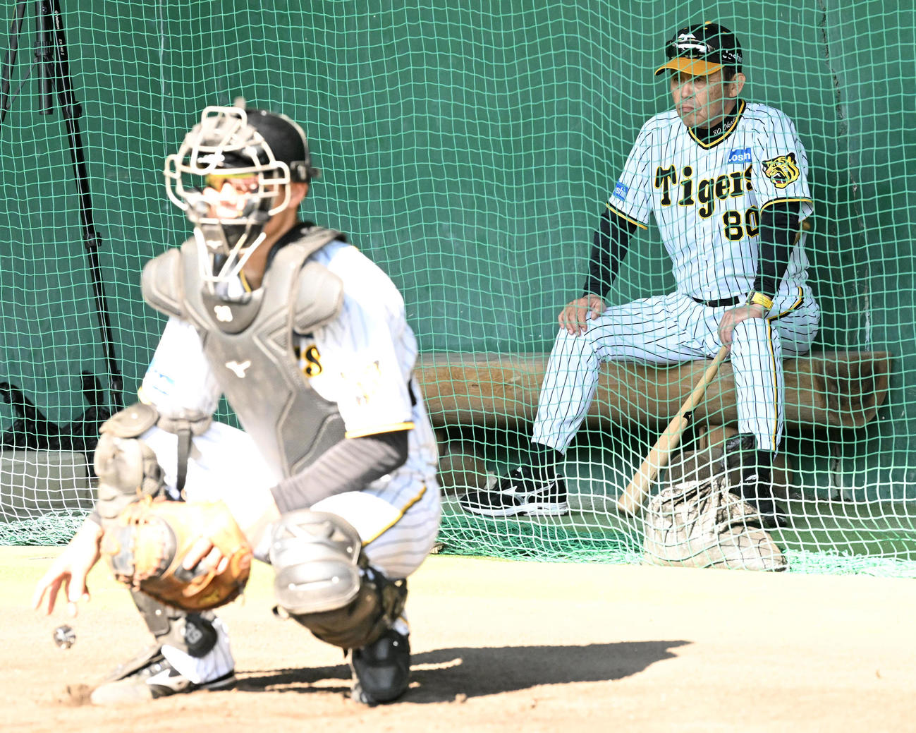 ブルペンで投球練習を見る岡田監督（撮影・前岡正明）