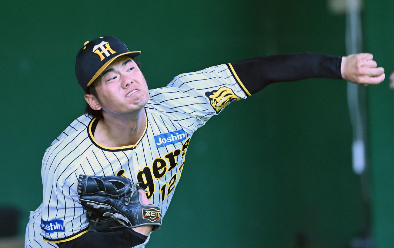 ブルペンで投球練習を行う川原（撮影・前岡正明）