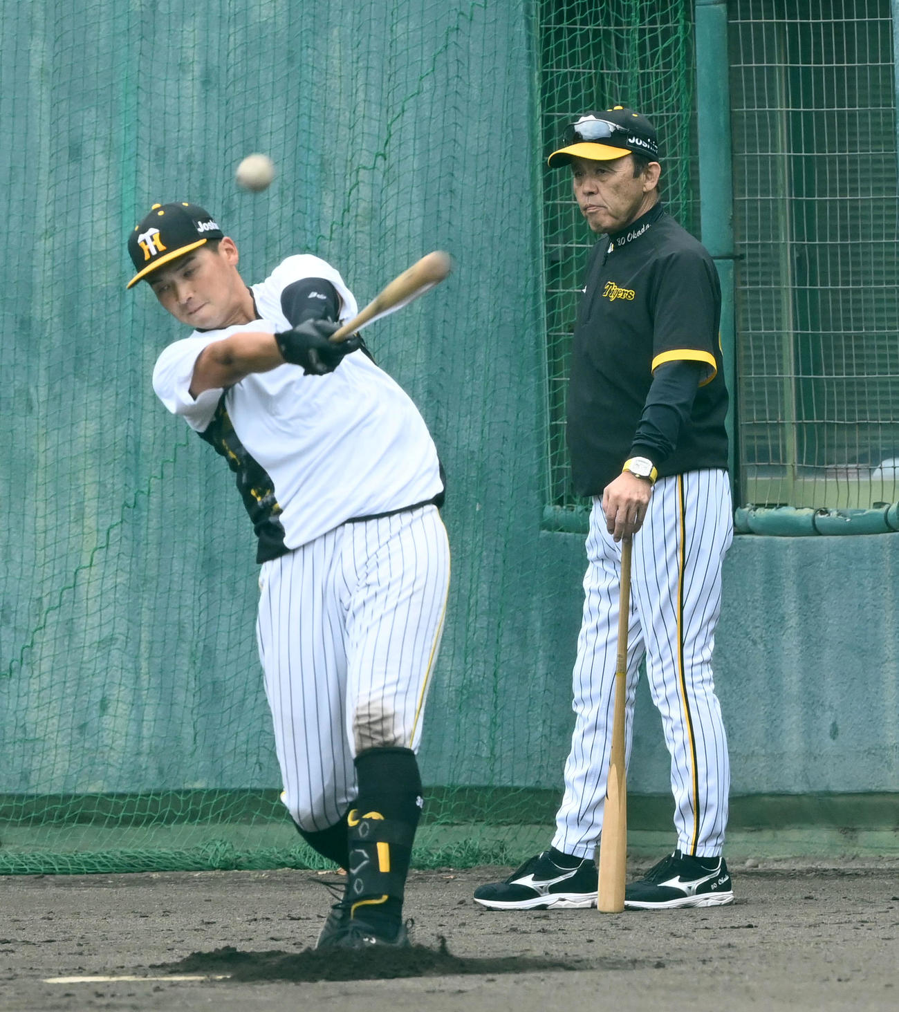 井上のロングティーを見る岡田監督（撮影・前岡正明）