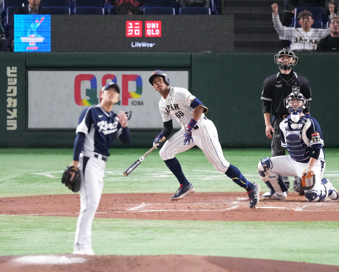 日本対韓国　4回裏日本無死、中越えにソロ本塁打を放つ万波。投手李義理（撮影・菅敏）