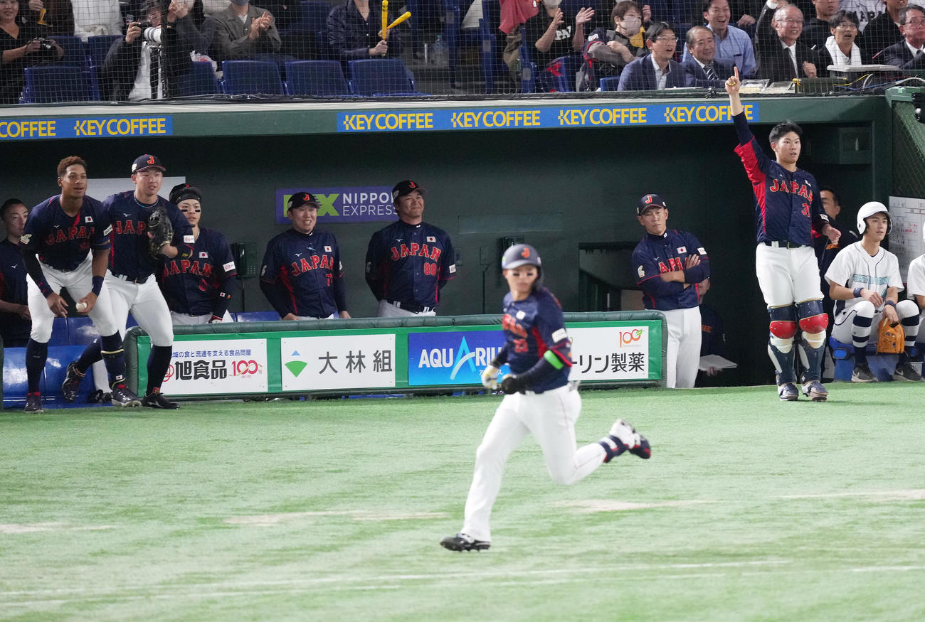日本対台湾　7回表日本1死、森下の先制のソロ本塁打に喜ぶ日本ベンチ。後方右から3人目は井端監督（撮影・菅敏）