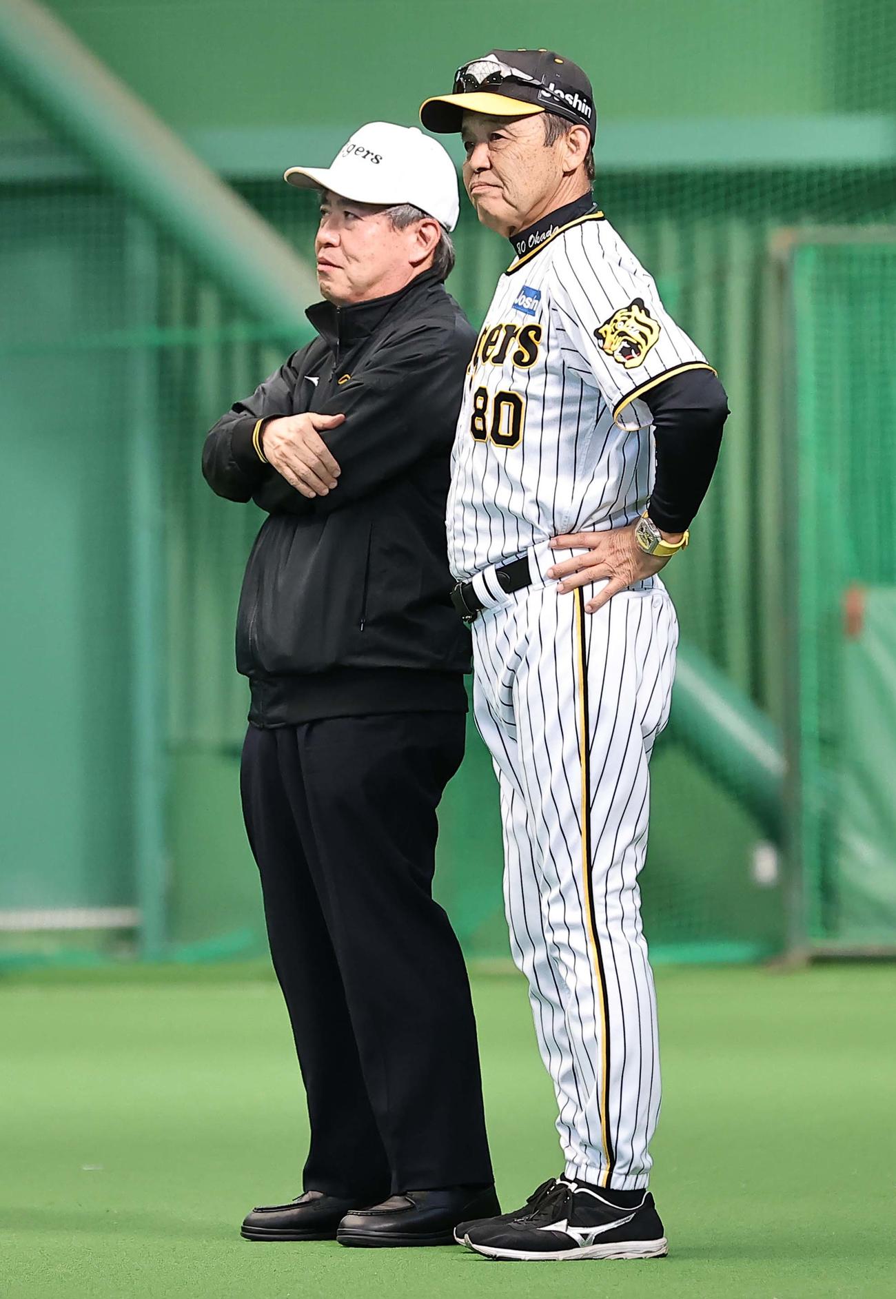 ナインを見守る阪神タイガース杉山オーナー（左）と岡田監督（撮影・上田博志）