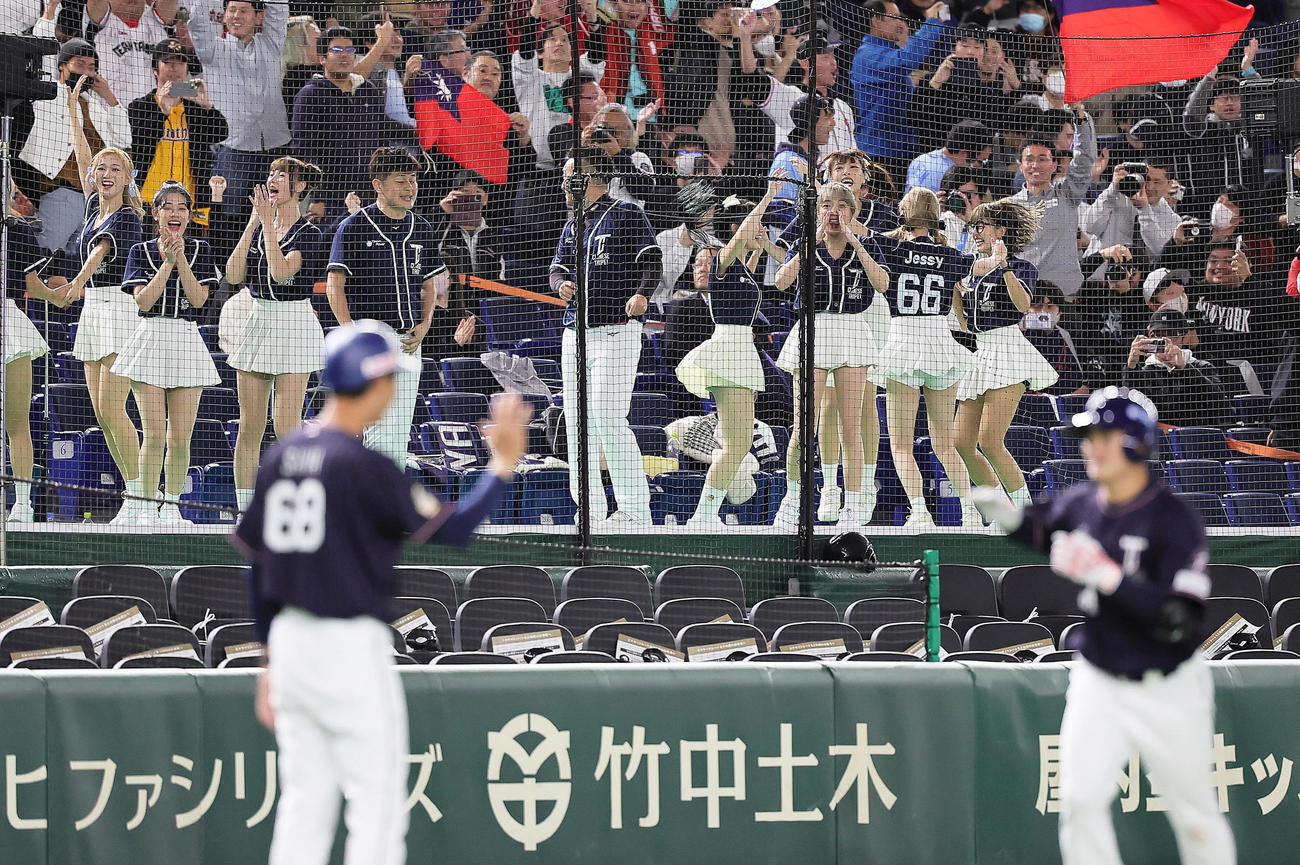 オーストラリア対台湾　タイブレークの10回表台湾2死満塁、林靖凱（手前右）の左越え満塁本塁打に歓喜する台湾チア（撮影・足立雅史）