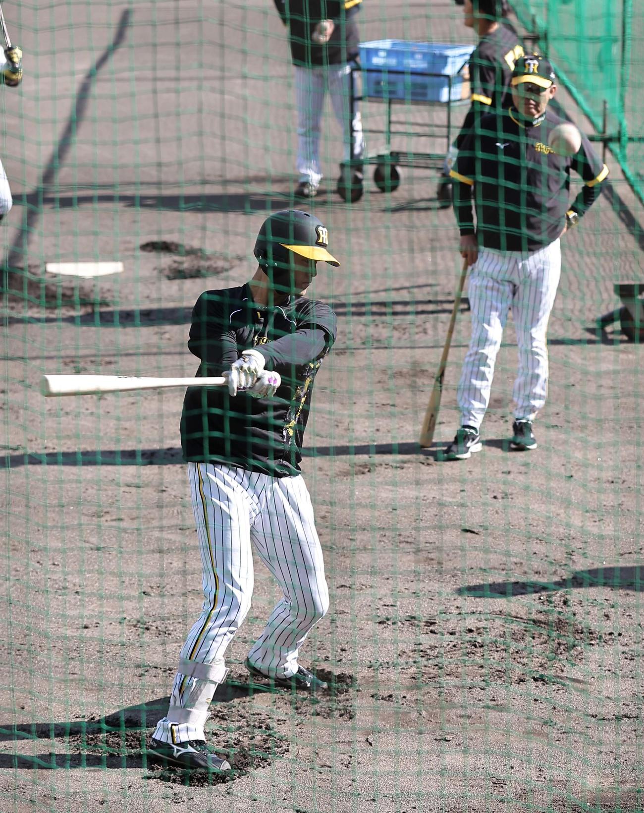 岡田監督（右）のチェックを受けながらリストターンの打撃練習をする小幡（撮影・上田博志）