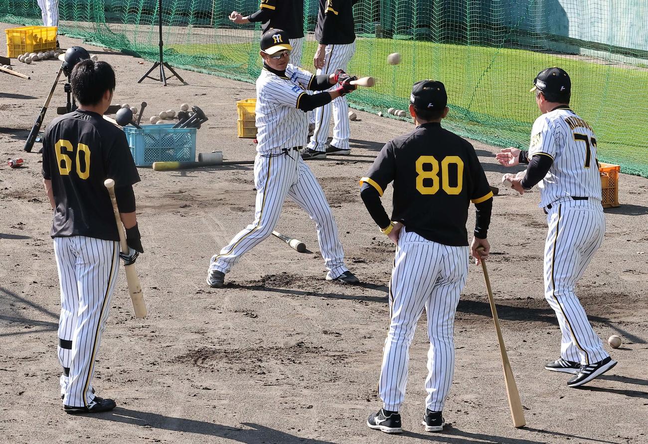 岡田監督（右から2人目）らにリストターンの打撃練習を見せる上本コーチ（撮影・上田博志）