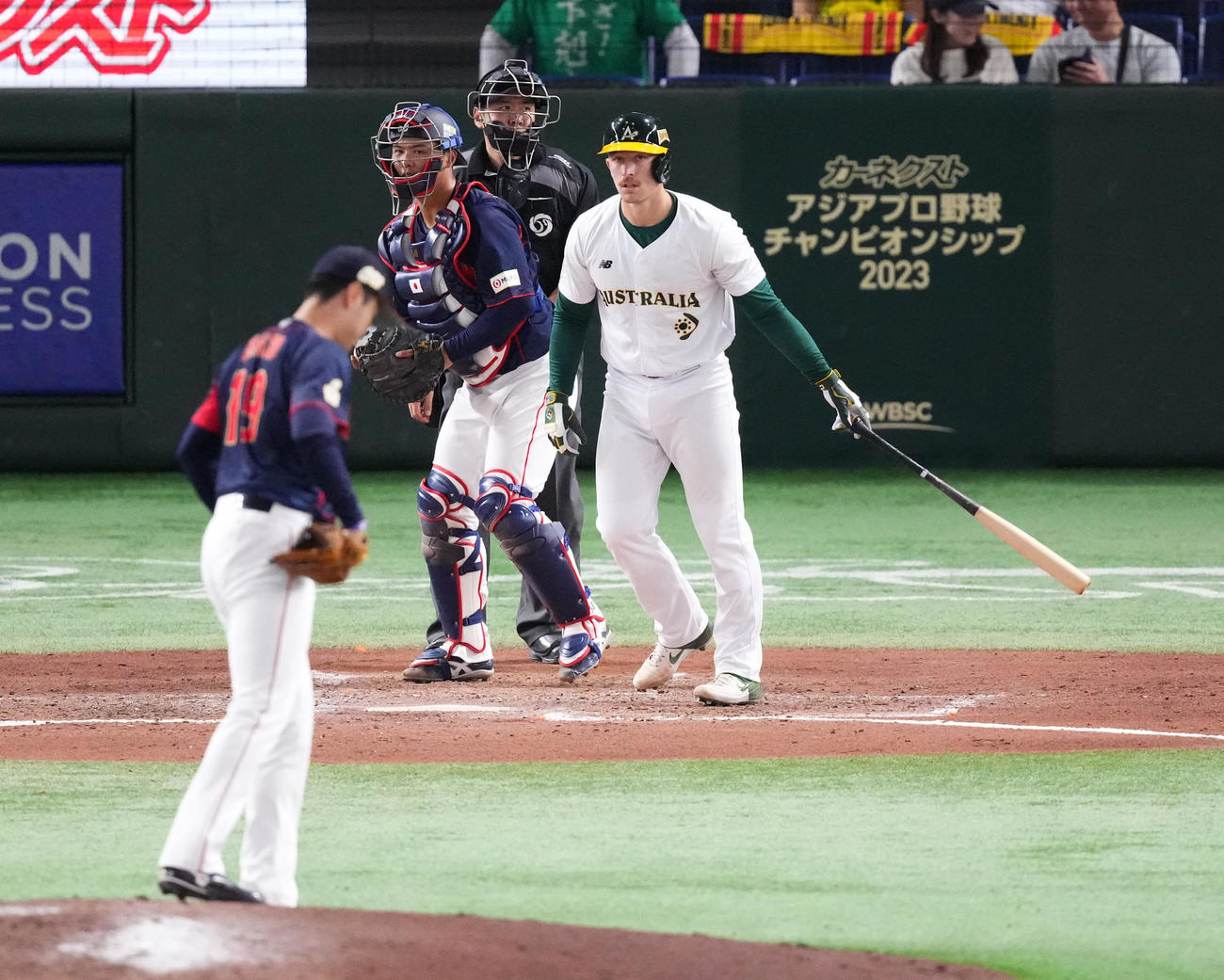 日本対オーストラリア　7回裏オーストラリア2死一塁、四球を選ぶアレックス・ホール。投手佐藤隼（撮影・菅敏）