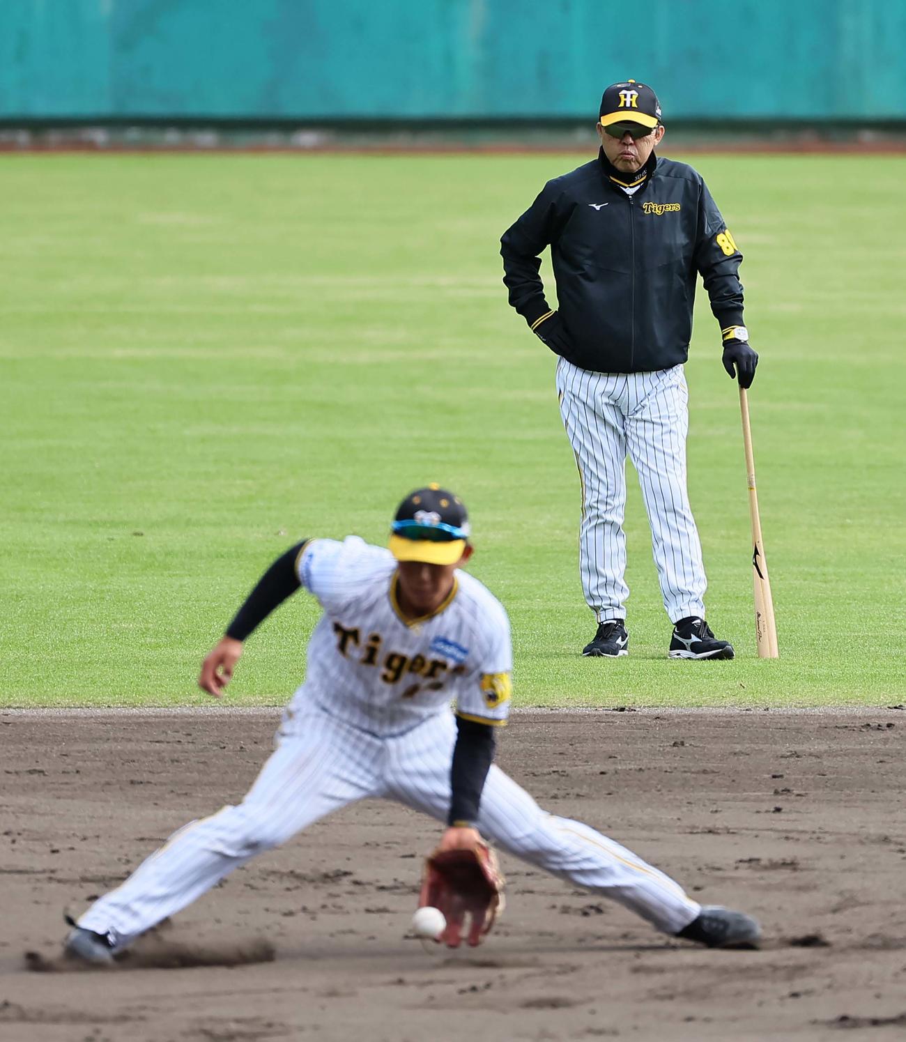 岡田監督（右）は遊撃守備練習をする戸井の動きをチェックする（撮影・上田博志）