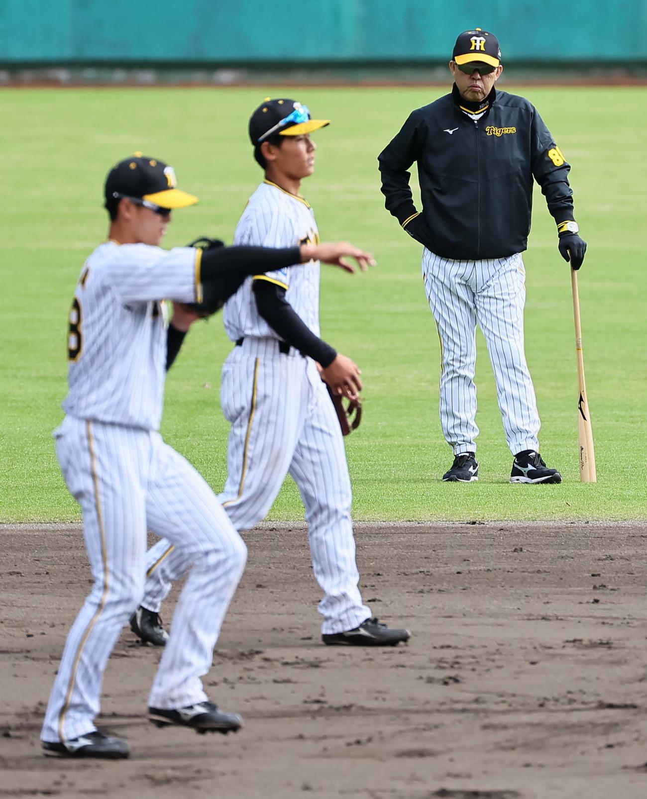 岡田監督（右）は遊撃守備練習をする小幡（左）と戸井の動きをチェックする（撮影・上田博志）