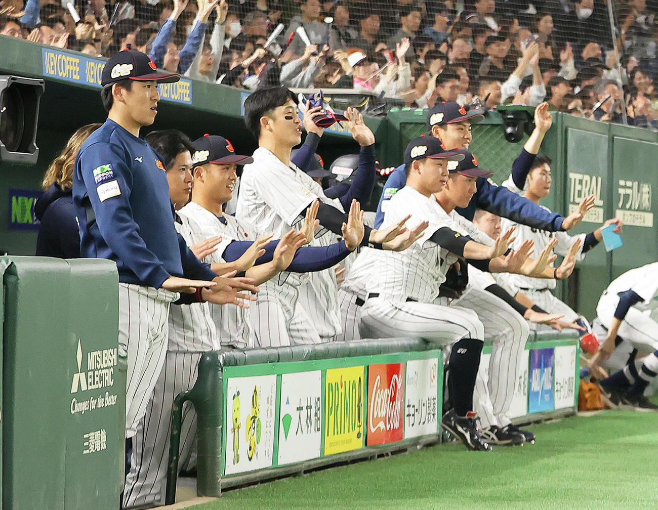 日本対韓国　2回裏日本1死、万波の右越え二塁打に「リラックスポーズ」を見せるベンチ（撮影・足立雅史）