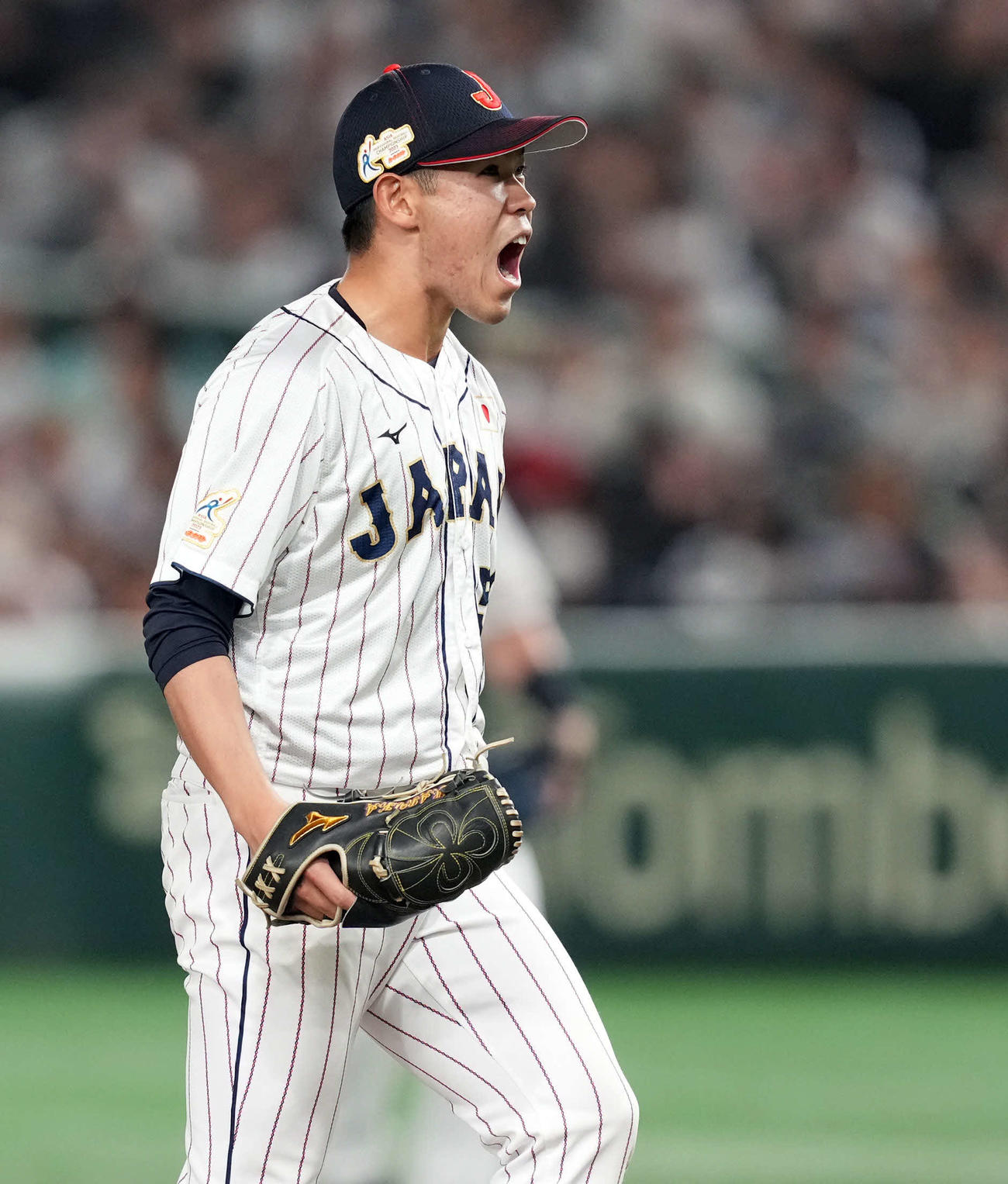 日本対韓国　7回表韓国無死一塁、金倒永を空振り三振に打ち取りほえる根本（撮影・たえ見朱実）