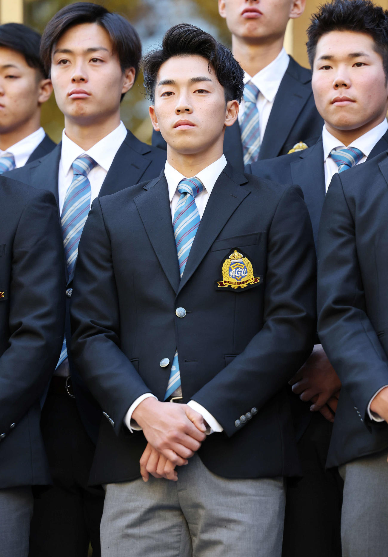 東都大学野球秋季リーグ戦の優勝報告会に登壇した青学大・常広（撮影・宮地輝）
