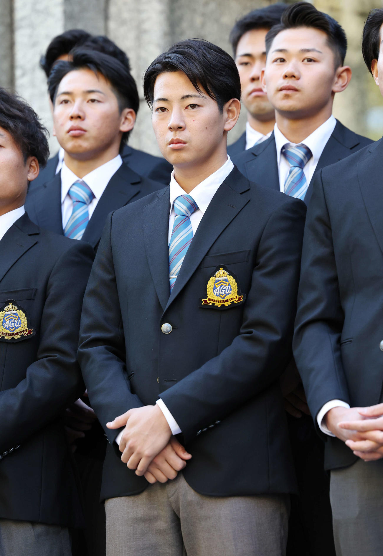 東都大学野球秋季リーグ戦の優勝報告会に登壇した青学大・下村（撮影・宮地輝）