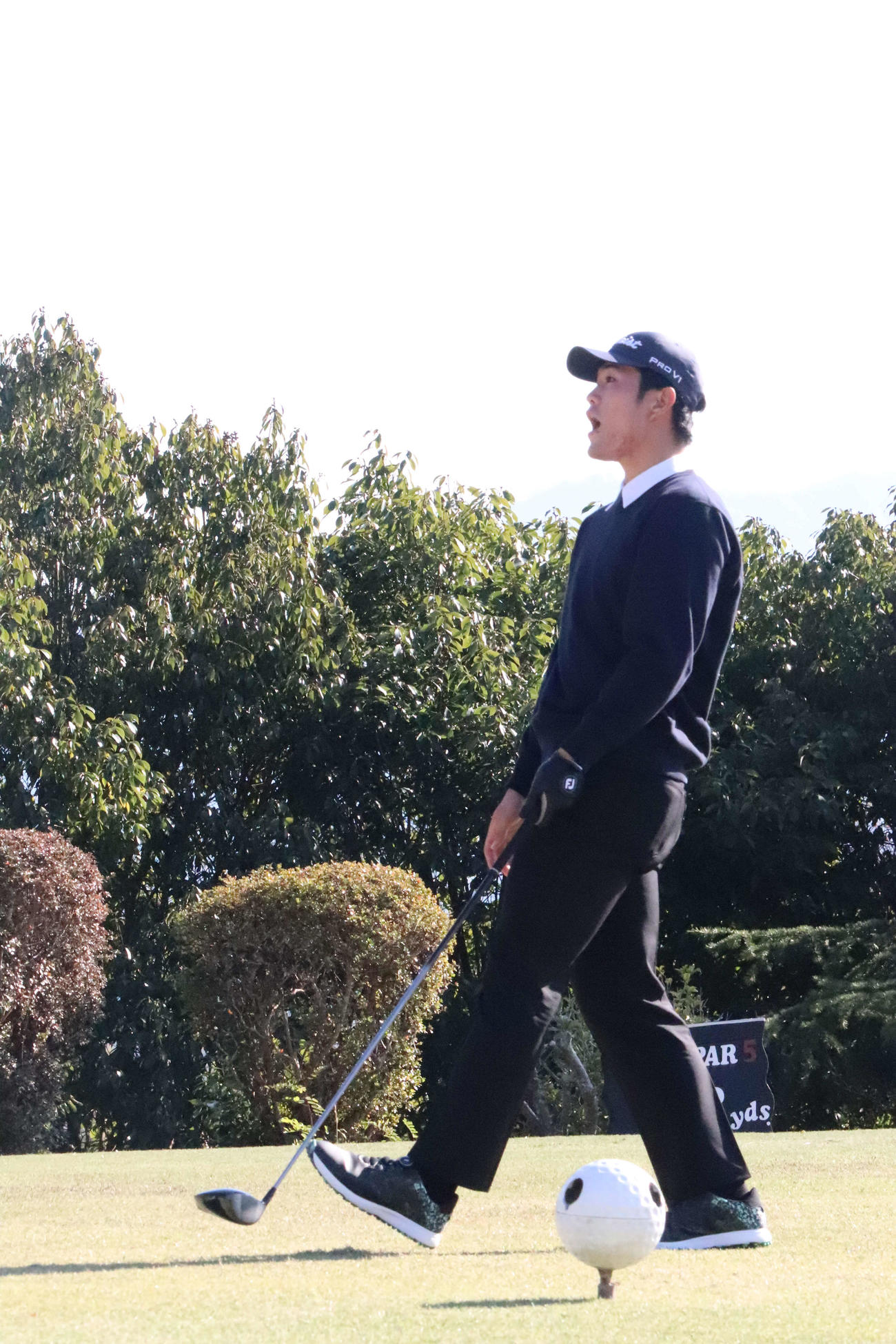 ティーショット後に思わず声を上げる広島斉藤優汰投手（撮影・前原淳）