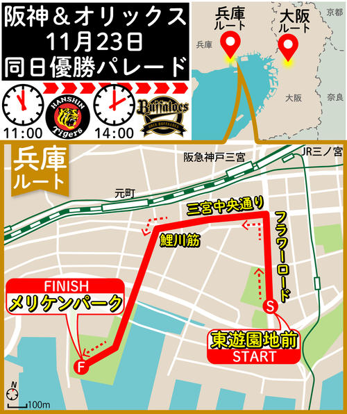 【イラスト】阪神＆オリックス11月23日同日優勝パレードマップ／兵庫ルート