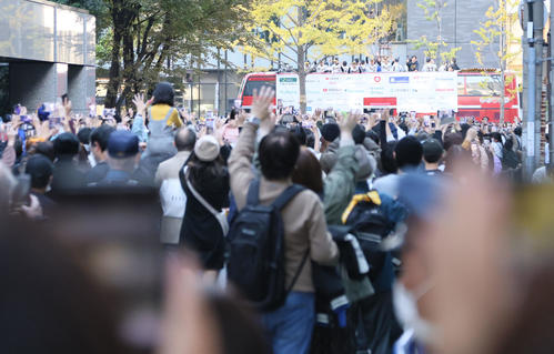 御堂筋歩道が多くのファンで溢れて入場規制がかかり、脇道から優勝パレードを見つめる阪神ファン（撮影・宮崎幸一）