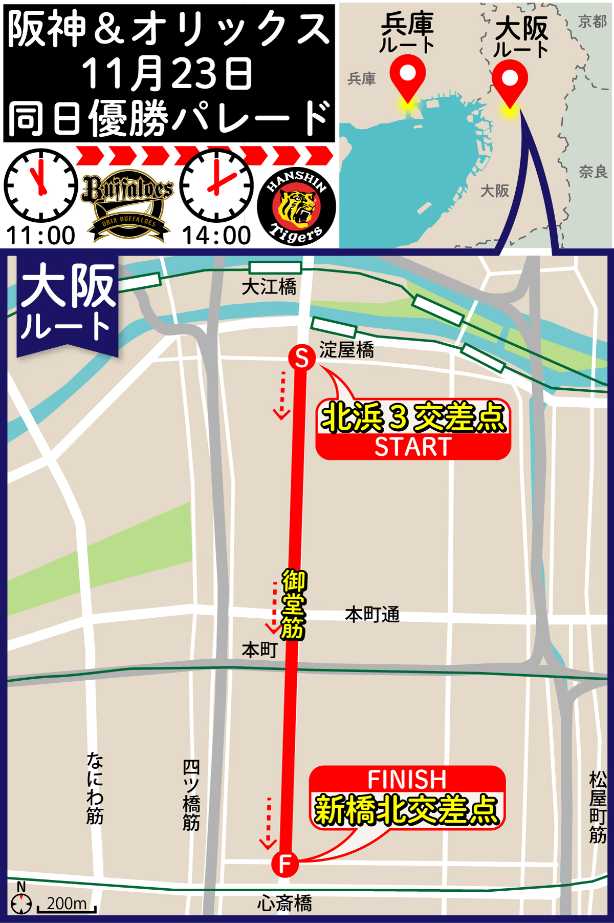 【イラスト】阪神＆オリックス11月23日同日優勝パレードマップ／大阪ルート