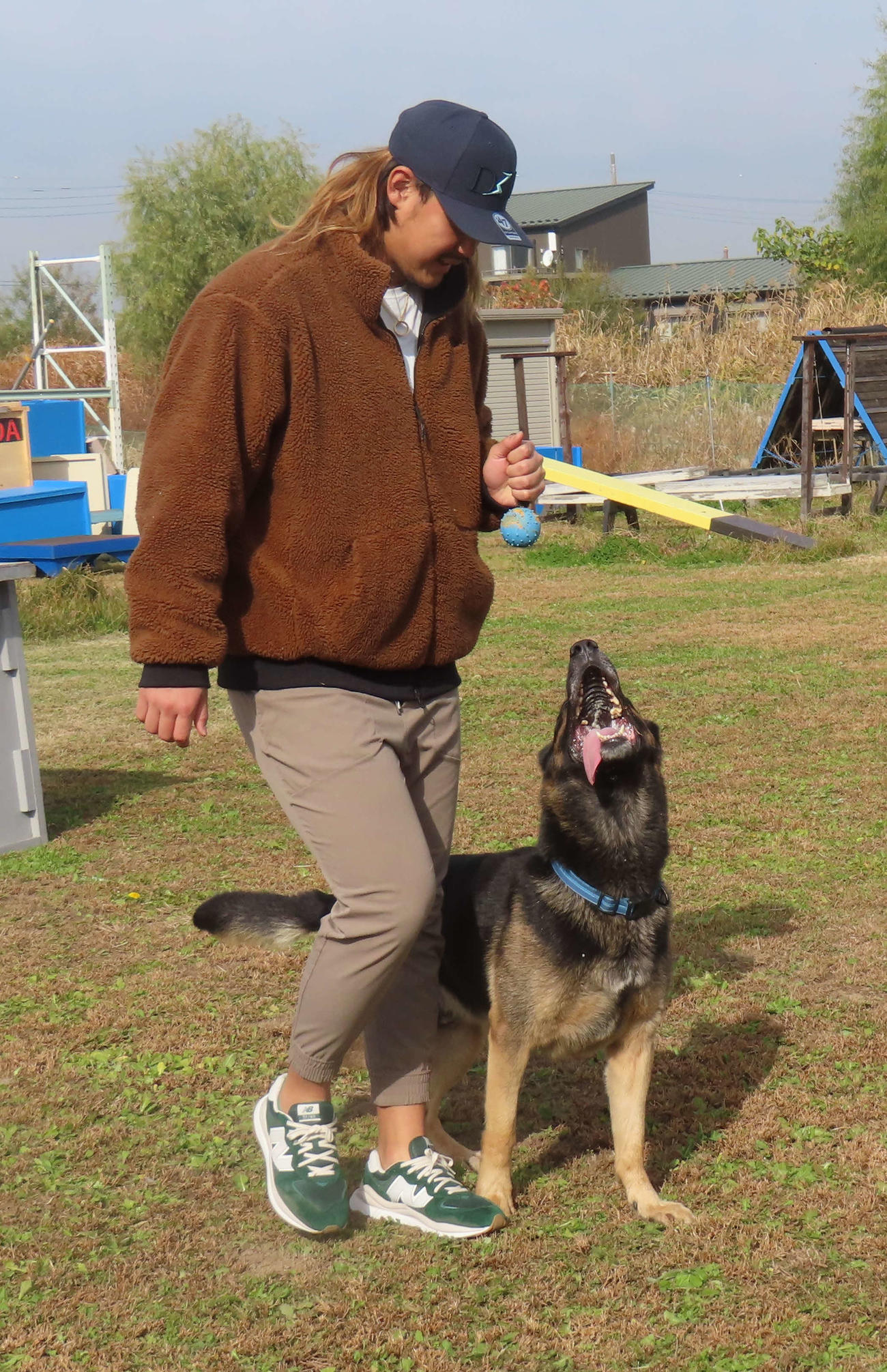 救助犬と脚側行進の訓練を体験する西武・高橋