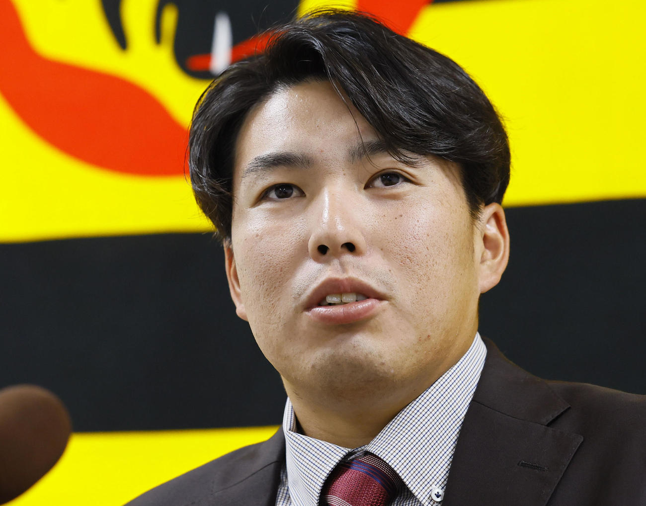 契約更改を終え記者会見する阪神馬場（撮影・藤尾明華）