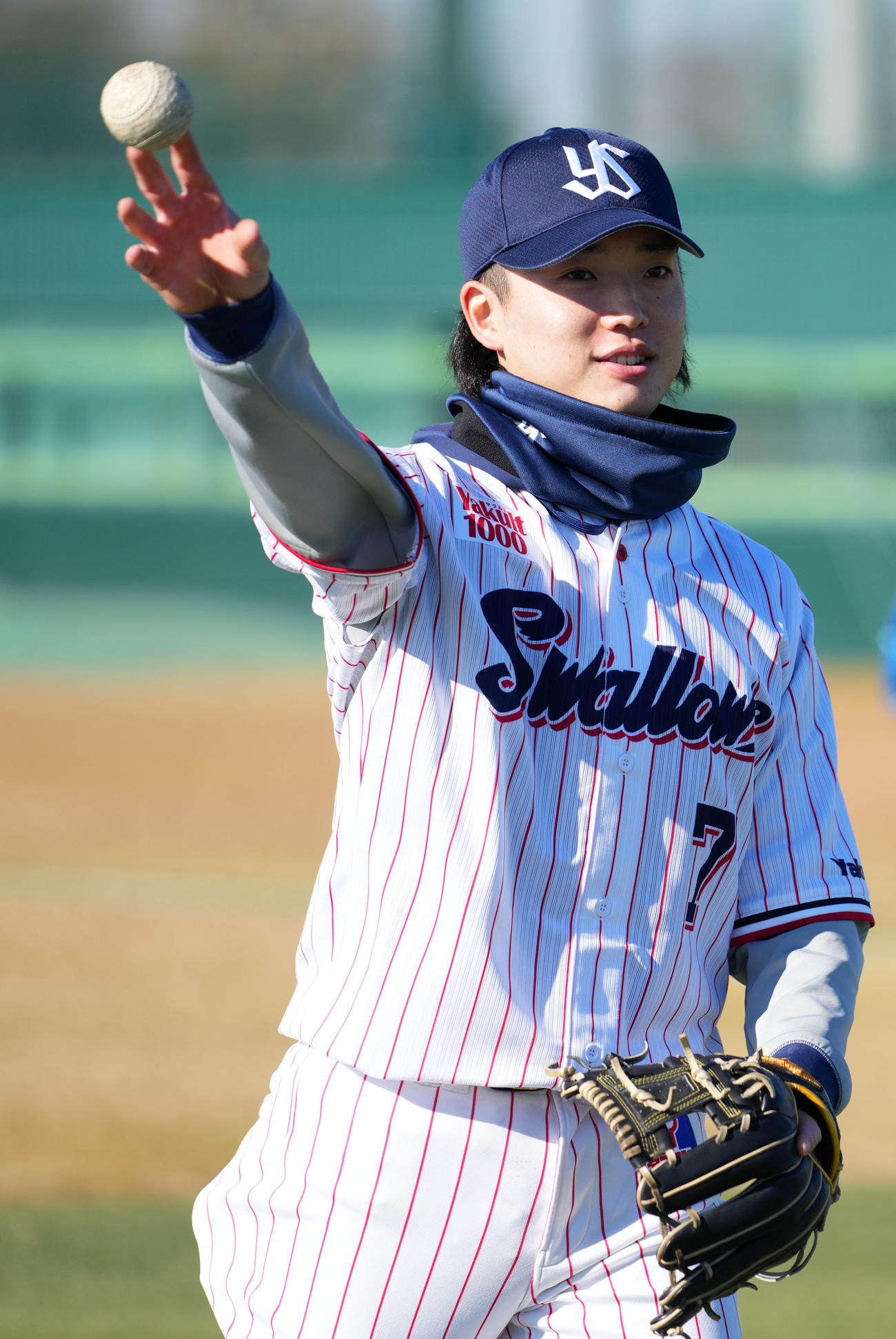 野球教室で子供たちにキャッチボールを教えるヤクルト長岡（撮影・横山健太）
