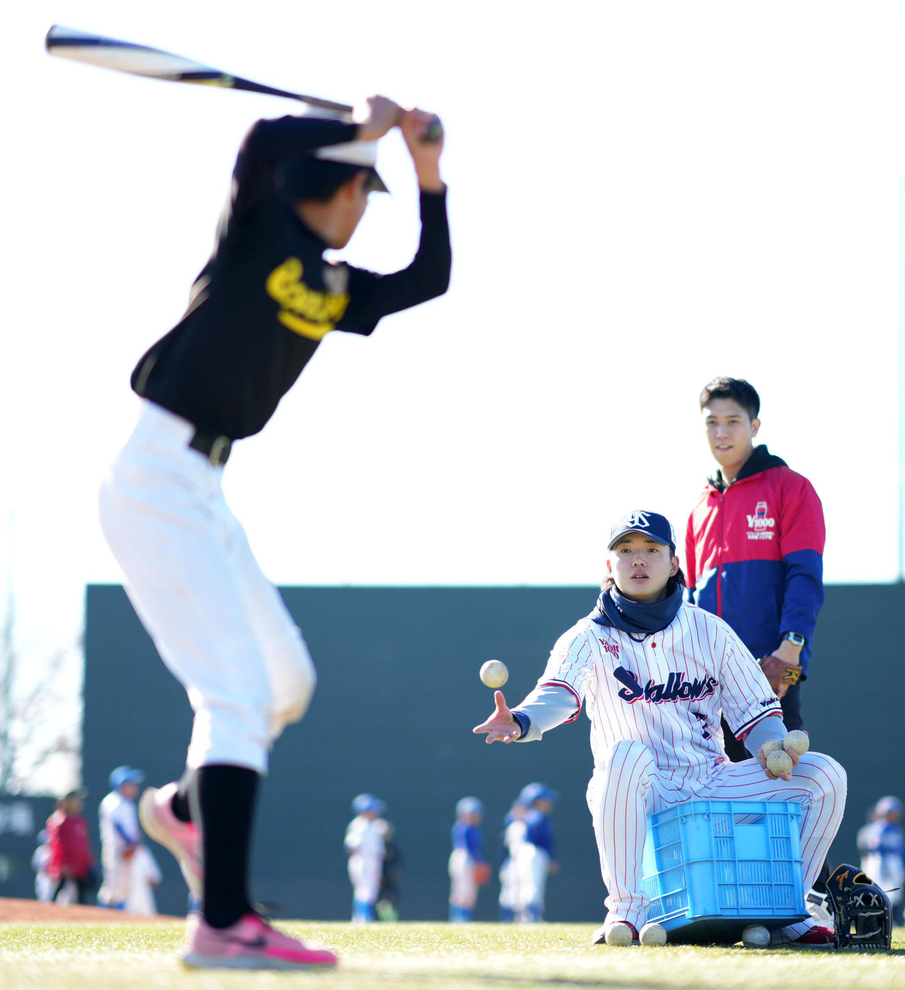 野球教室で子供たちに打撃指導をするヤクルト長岡（撮影・横山健太）