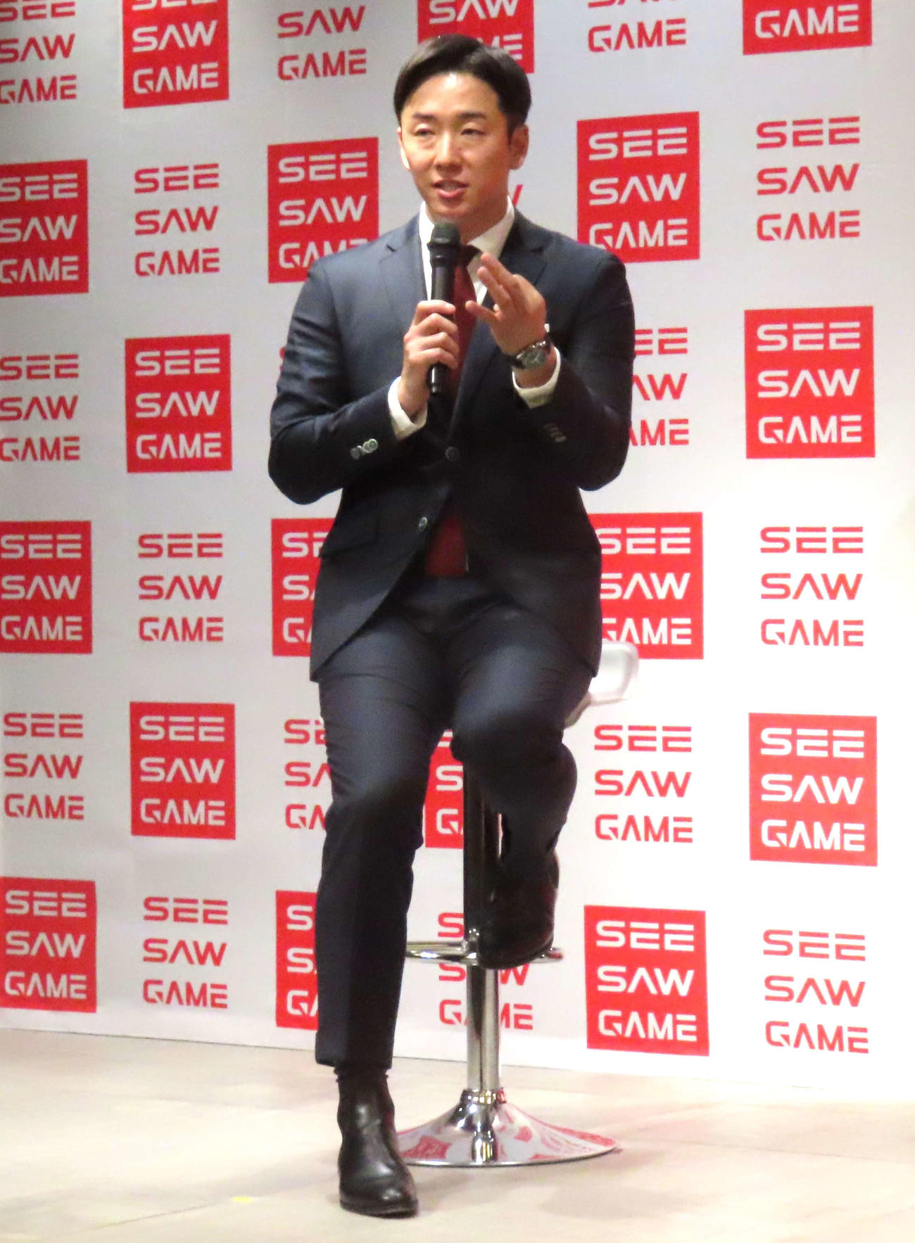元日本ハム斎藤佑樹氏は「シーソーゲーム取締役兼CIO斎藤佑樹氏就任発表会」に出席した。（撮影・黒須亮）