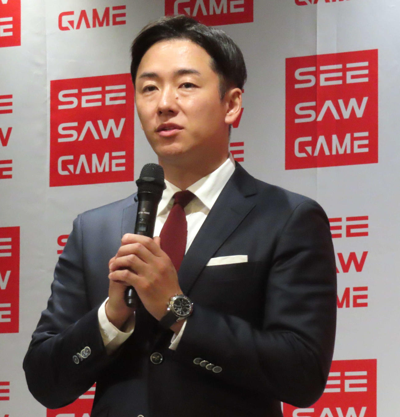 元日本ハム斎藤佑樹氏は「シーソーゲーム取締役兼CIO斎藤佑樹氏就任発表会」に出席した。（撮影・黒須亮）