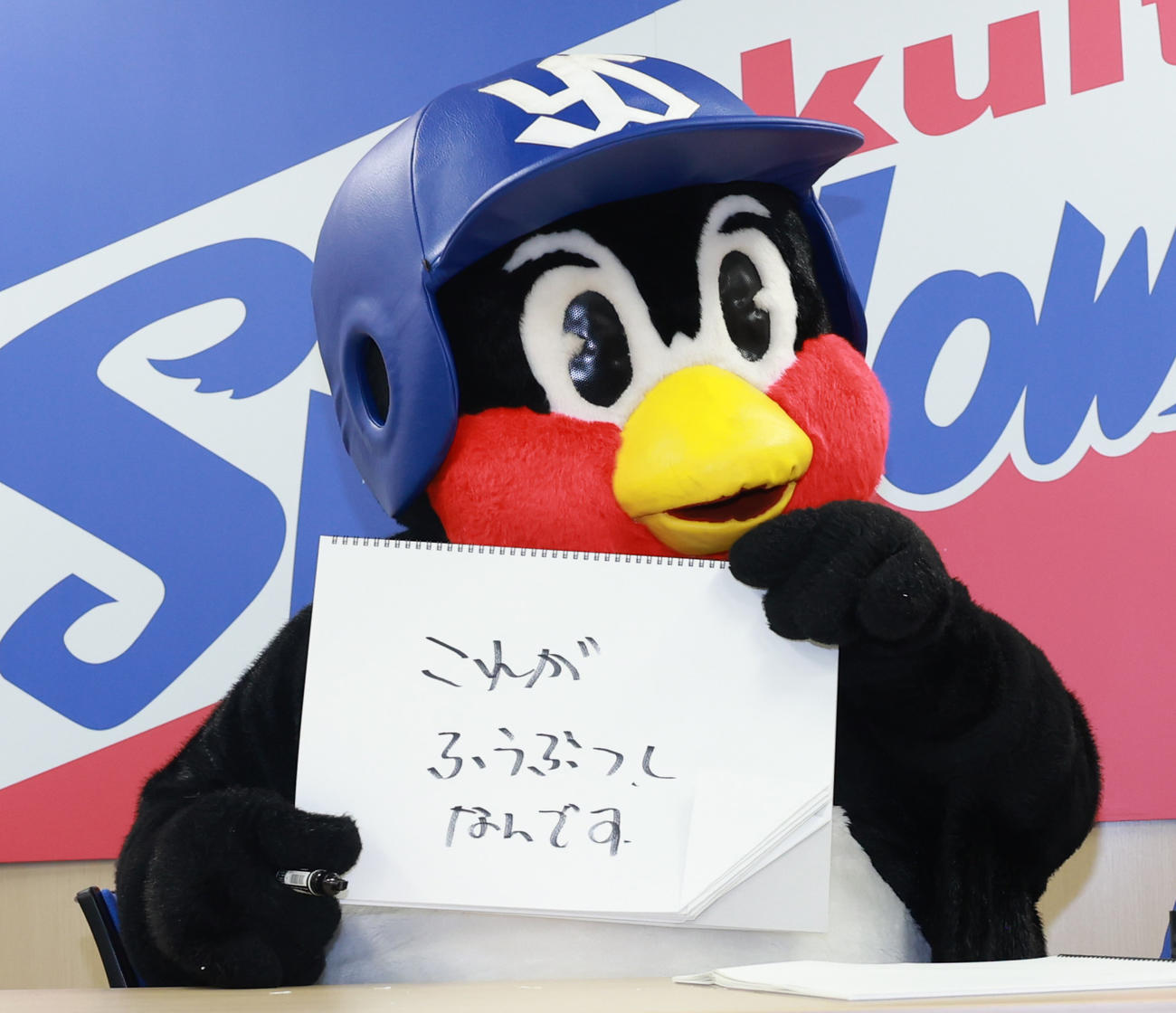 契約更改交渉を終え、フリップに「これがふうぶつしなんです」と書くつば九郎（撮影・野上伸悟）