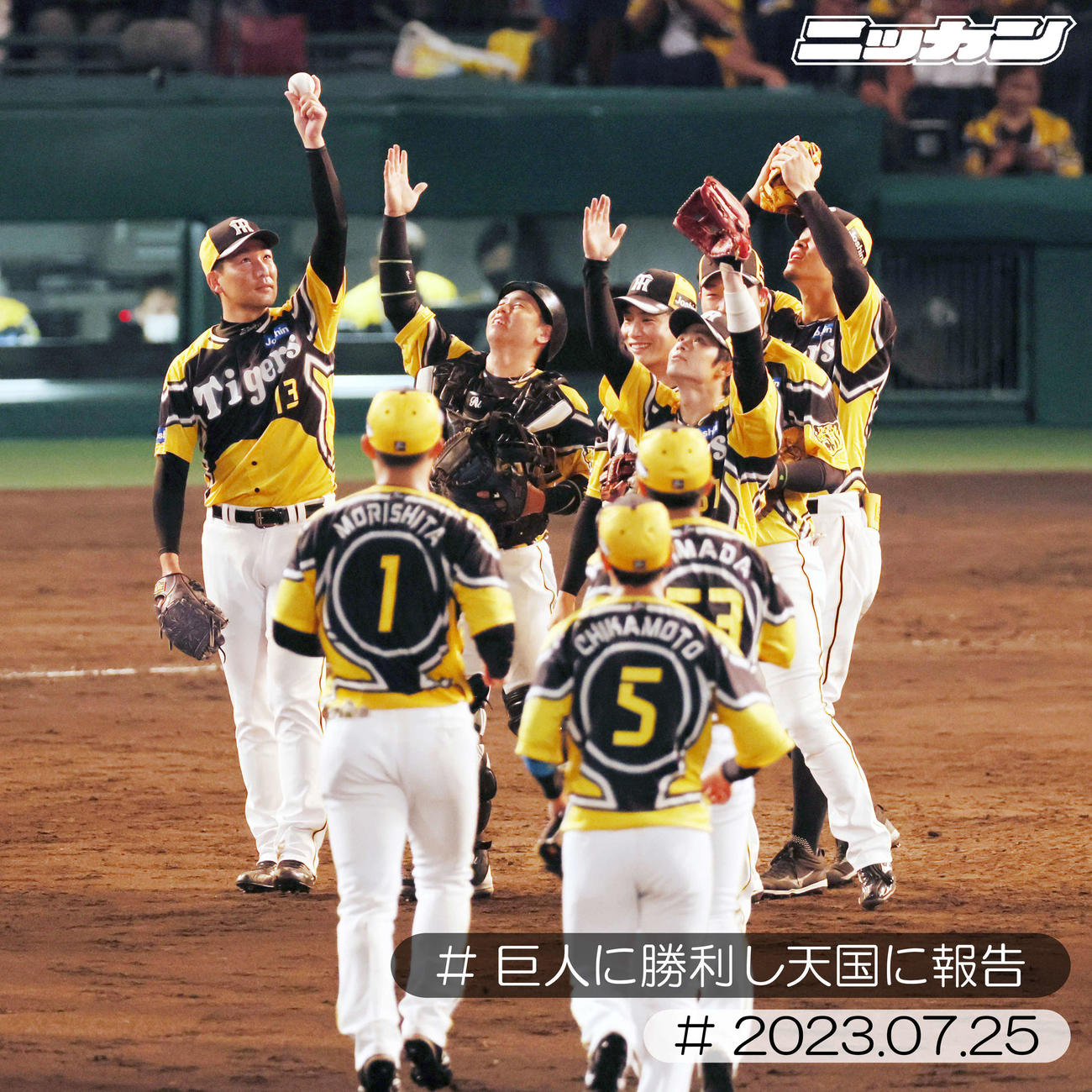 7月25日、故横田さんに勝利を報告するようなポーズをする阪神ナイン（撮影・加藤哉）