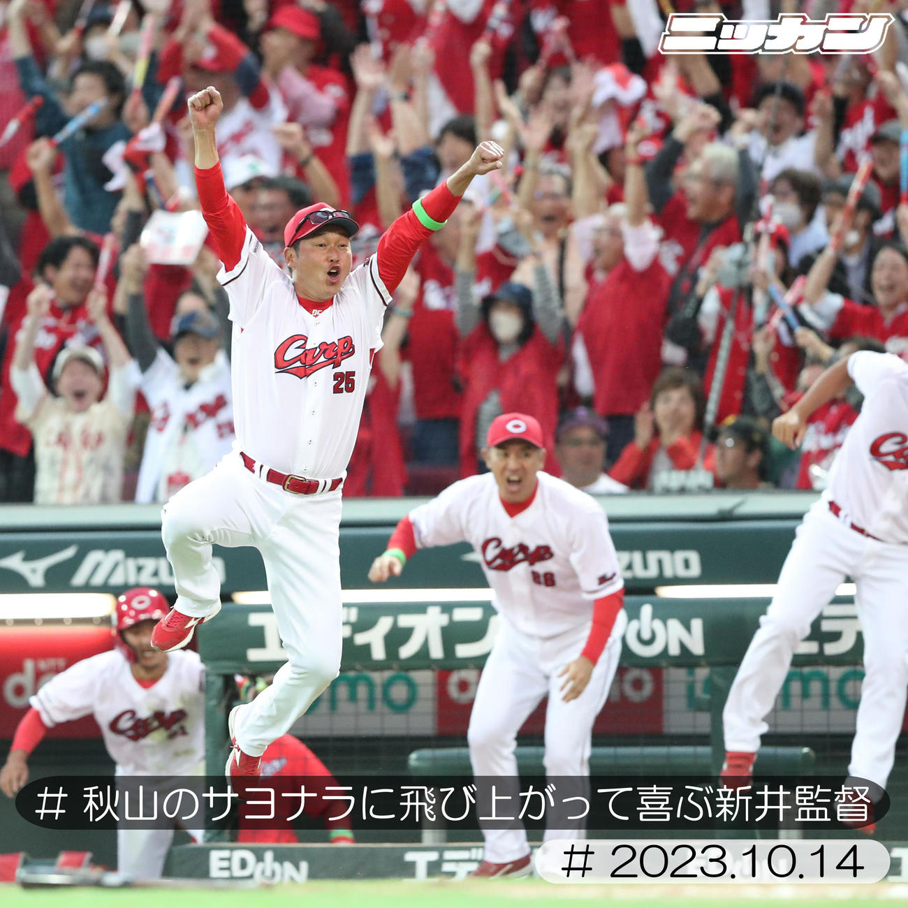 10月14日、DeNA戦で秋山のサヨナラ打で飛び上がって喜ぶ新井監督（撮影・梅根麻紀）