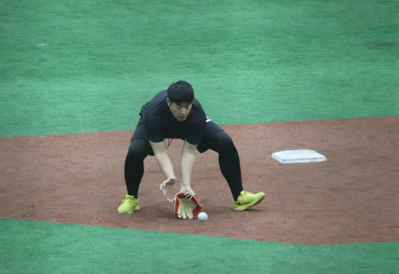 ジャイアンツ球場で自主トレする巨人岡本和（撮影・小早川宗一郎）