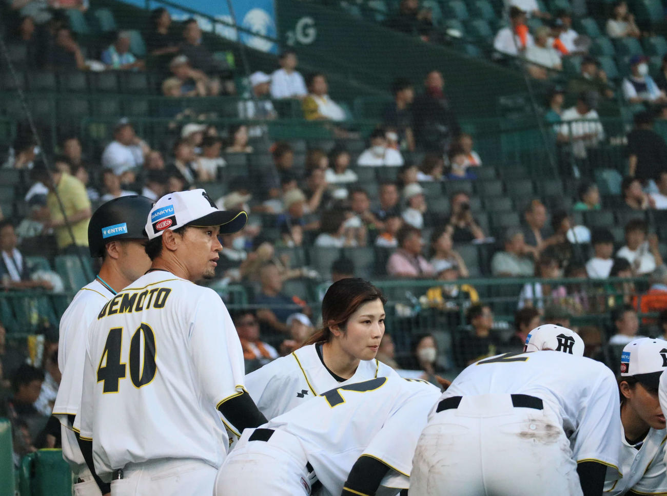 ナインを鼓舞する阪神タイガースWomenの上本博紀監督（2023年7月22日撮影）
