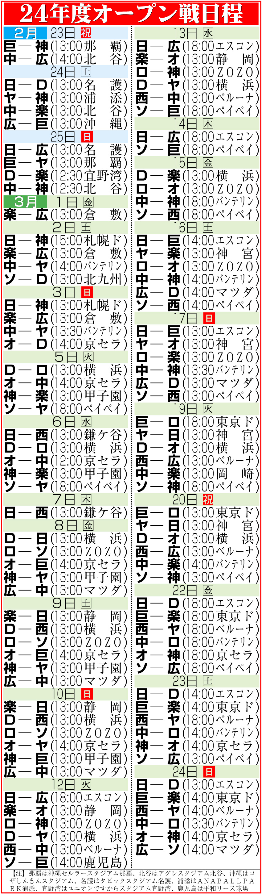 【イラスト】24年度オープン戦日程