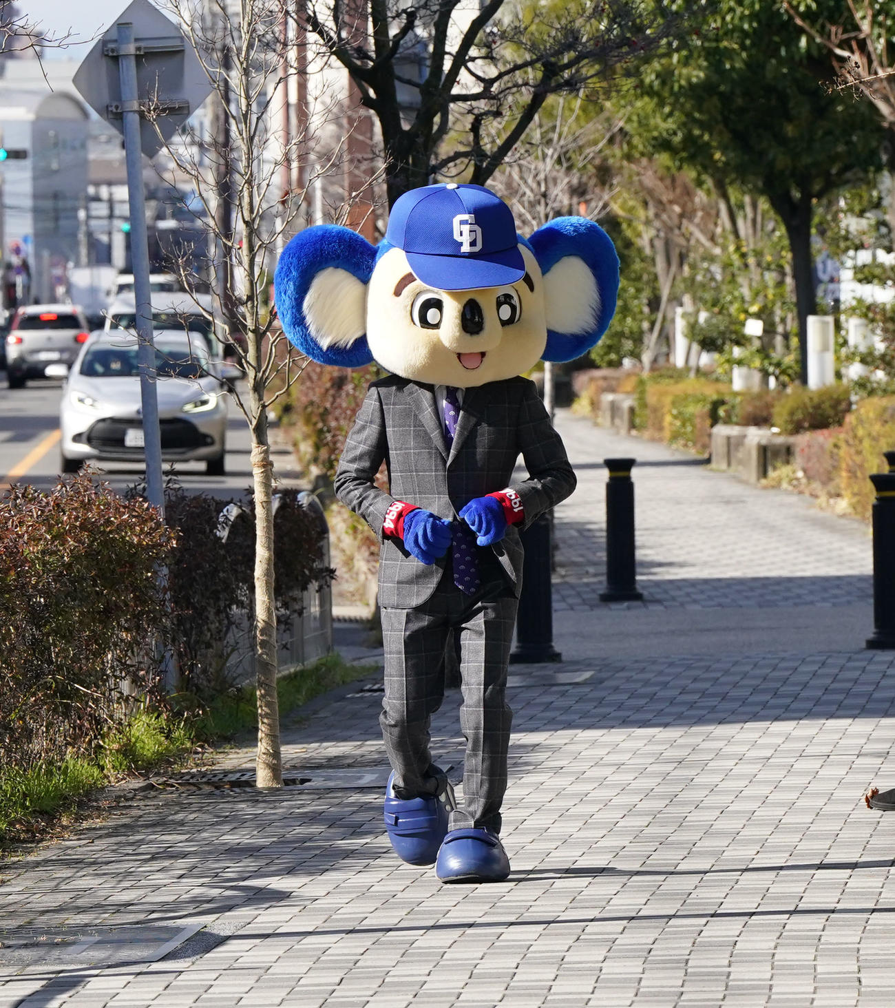 契約交渉のため球団事務所へ向かうドアラ（撮影・森本幸一）