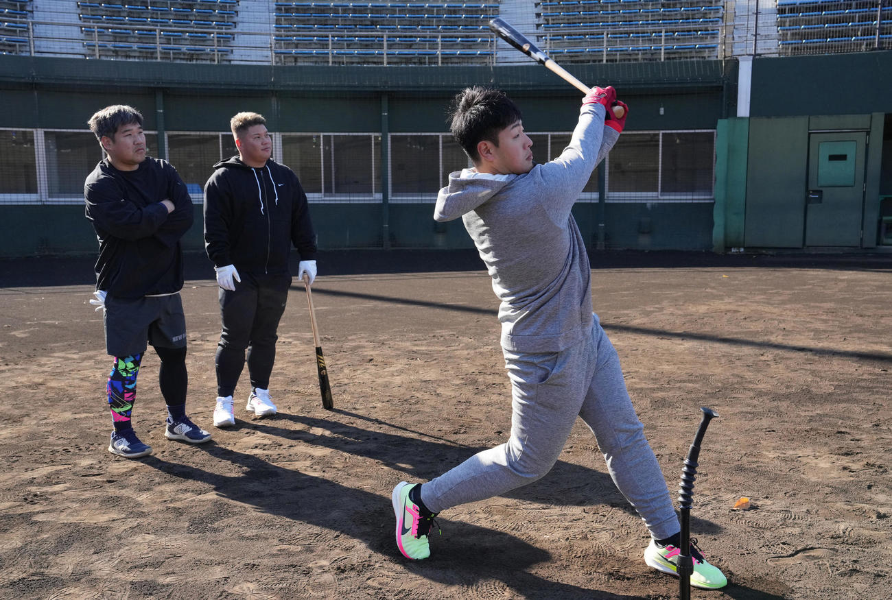 合同自主トレでティー打撃する巨人岡本和。左から西武中村、渡部（撮影・鈴木みどり）
