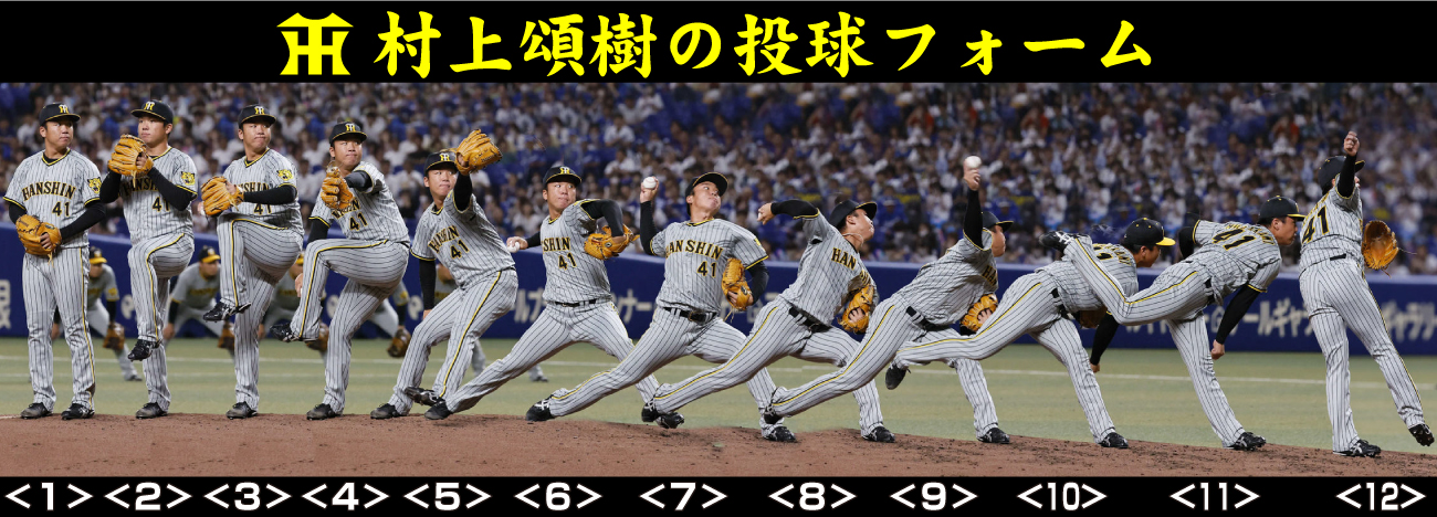 9月25日、中日戦に登板した阪神村上の投球フォーム（撮影・藤尾明華）※連続撮影して1枚に合成