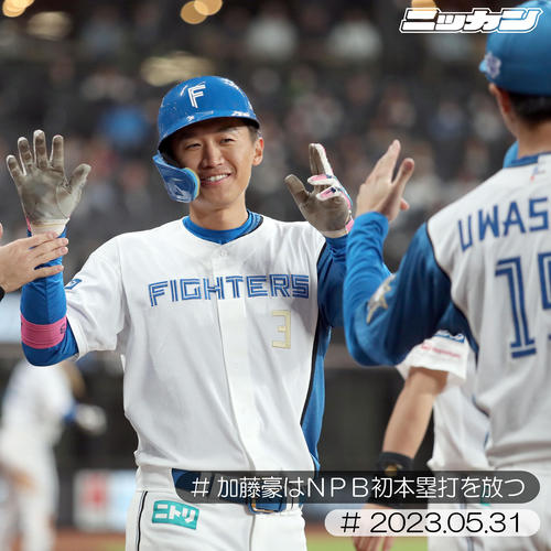 5月31日、ヤクルト戦で右越え本塁打を放ち出迎えられる加藤豪(撮影・佐藤翔太)