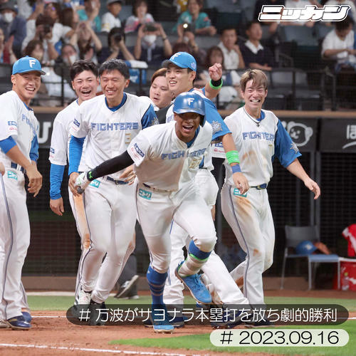 9月16日、ソフトバンク戦でサヨナラ2点本塁打を放った万波(手前中央)はナインに出迎えられ笑顔(撮影・黒川智章)