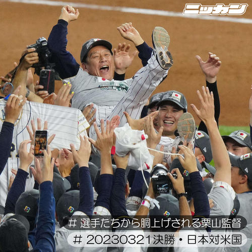 3月21日、優勝し大谷（右）ら選手たちから胴上げされる栗山監督（撮影・垰建太）