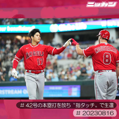 8月16日、レンジャーズ戦で42号ソロ本塁打を放ちムスタカス（右）とタッチを交わす大谷（撮影・菅敏）